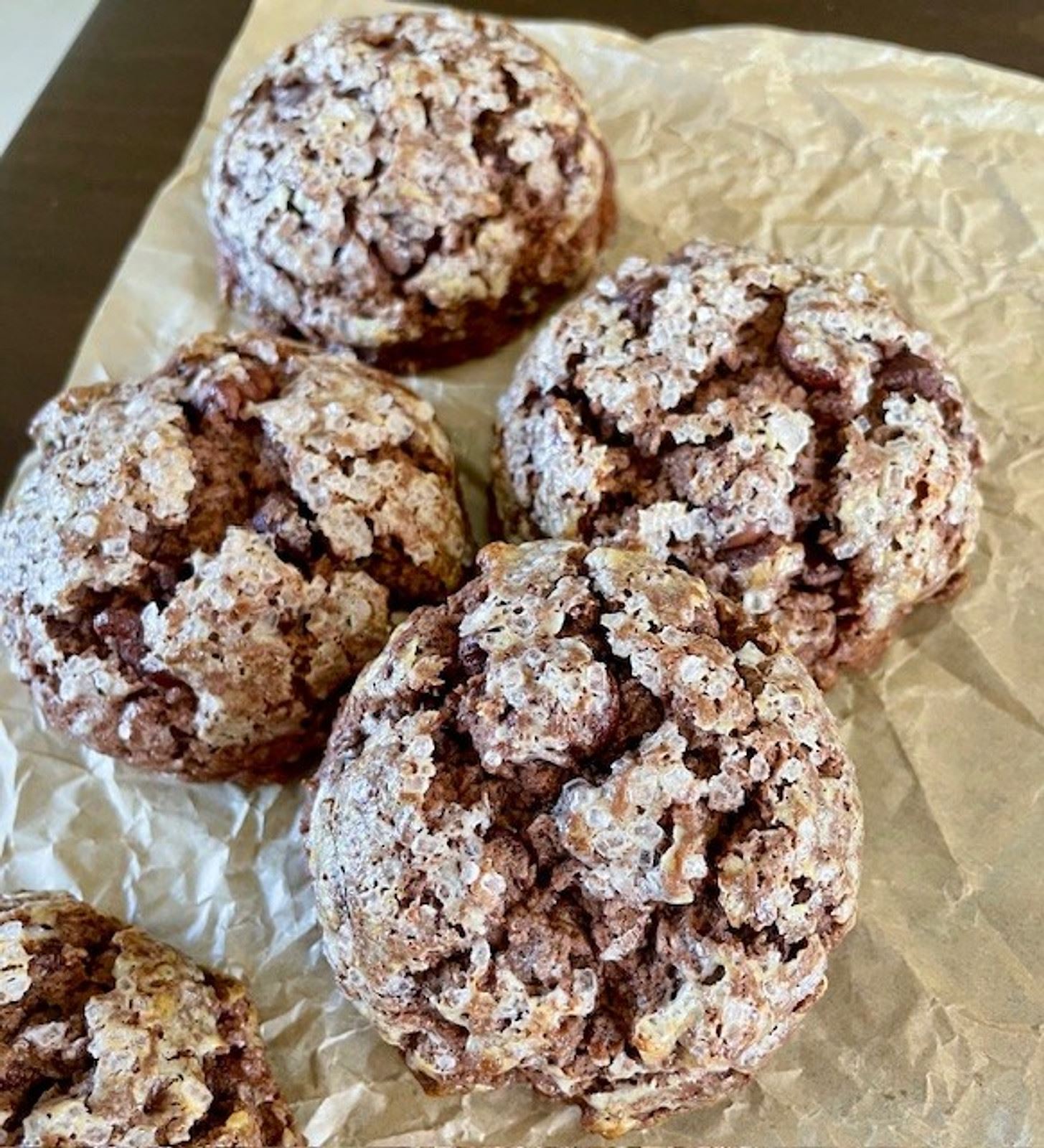 Triple chocolate scones with coarse sugar crunch