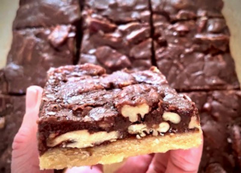 Chocolate pecan pie bars with coarse salt