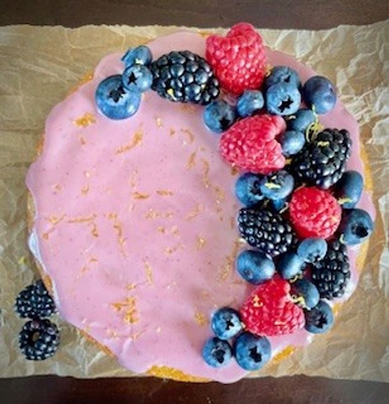 Lemon pound cake with blackberry glaze and fresh berries